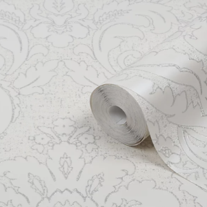 559993 (107294) G&B  Damask White Silver Glitter Effect Textured Wallpaper